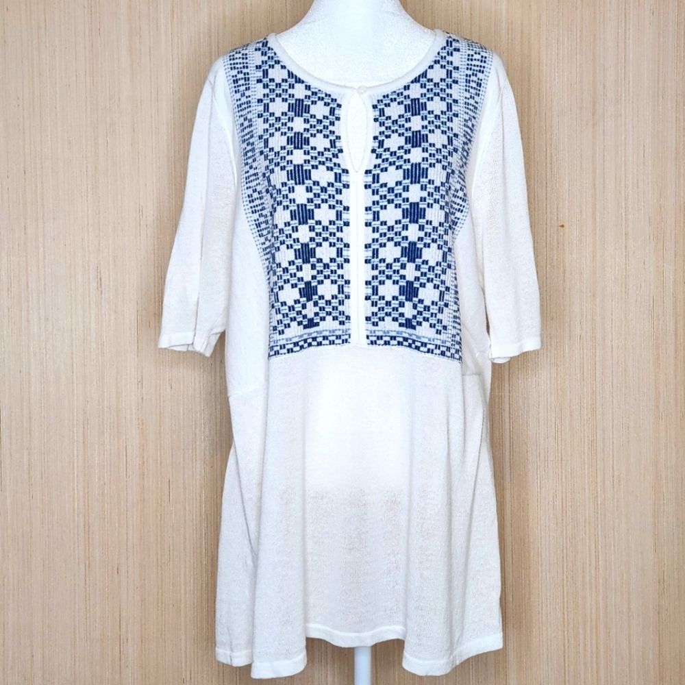 J. Jill White Blue Embroidered Linen Blend Knit Tunic Top Size Large Lagenlook